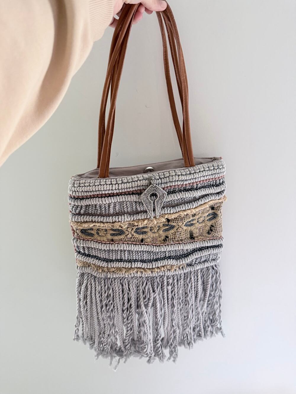 Mira Boutique Woven Fringe Boho Gray Bag